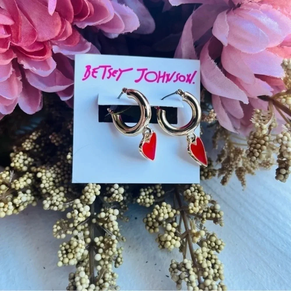 Betsey Johnson Heart Huggie Hoop Earrings Gold Tone Enamel NWT
